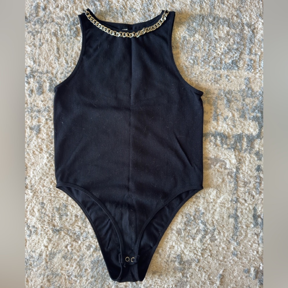 Black Ribbed Chain-Trim Bodysuit